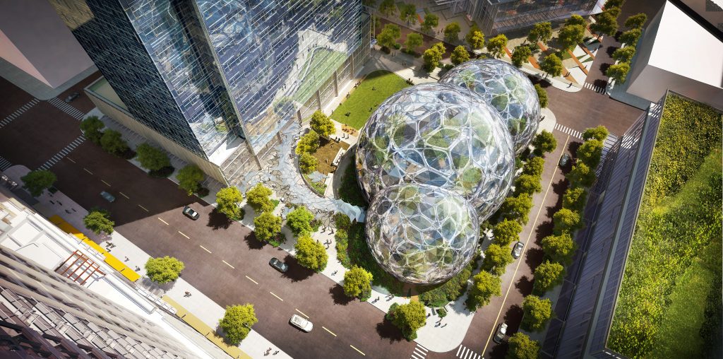 The Spheres building by NBBJ for Modelo Design Manifesto demonstrates wellness architecture with its botanical garden inside
