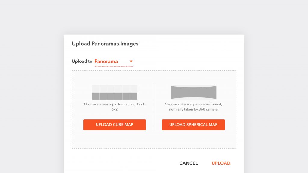 Upload stereoscopic panorama images or spherical panorama images to Modelo